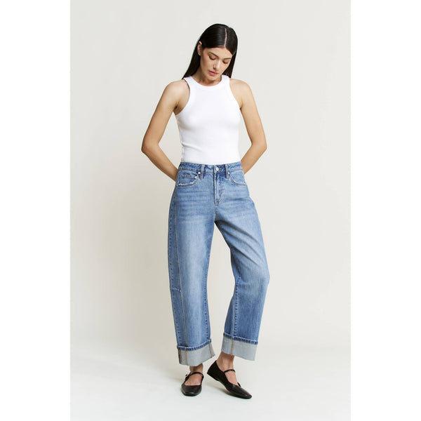 HIGH RISE BARREL-LEG DETAILING CUFFED HEM: DUSTY SKY / 24 - Lulu Bella Boutique