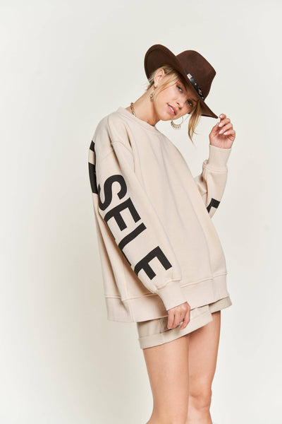 Printed oversized sweatshirt : Beige / S - Lulu Bella Boutique