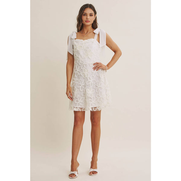 PARIS EVENING LACE FLORAL EMBROIDERY MINI WITH SHOULDER TIE: CREAM / S - Lulu Bella Boutique