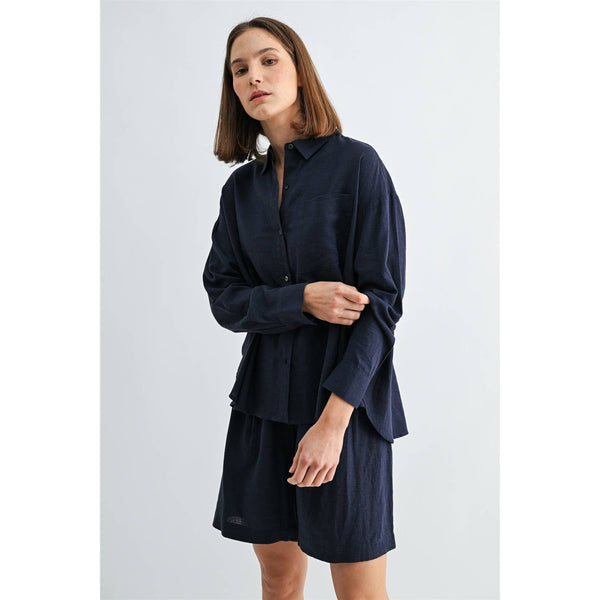 LINEN DROP SHOULDER SHIRT: Navy / S-M-L(2-2-2) - Lulu Bella Boutique