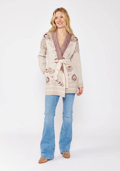 Tribal Coatigan with Pockets: Natural/Burgundy