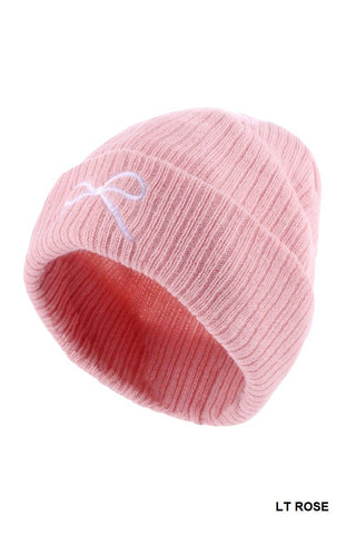 Coquette Bow Embroidered Knitted Beanie: LT ROSE