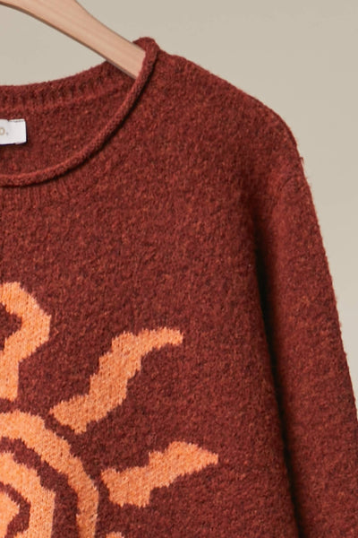 Spiral Sun Embroidered Sweater: Brick