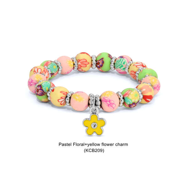 Kids Clay Beaded Stretch Charm Bracelets : Navy & White Floral+white star charm (KCB215G) - Lulu Bella Boutique
