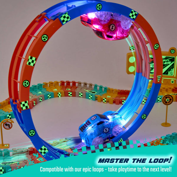 2 Light Up Racer Cars Speedway Themed Toy Set