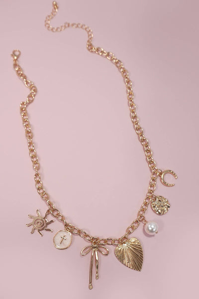 SUN BOW PEARL CROSS DISC U CHARM NECKLACE | 80N1182: Gold