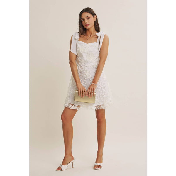 PARIS EVENING LACE FLORAL EMBROIDERY MINI WITH SHOULDER TIE: CREAM / S - Lulu Bella Boutique