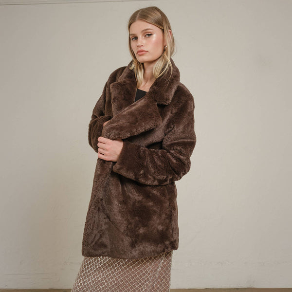 Chocolate Faux Fur Open Front Jacket: CHOCOLATE
