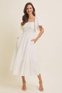 TIERED FLORAL CROCHET MIDI DRESS WITH FLUTTER SLVS: OFF WHITE / S - Lulu Bella Boutique