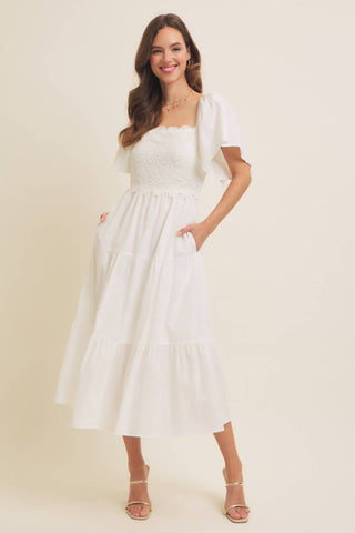 TIERED FLORAL CROCHET MIDI DRESS WITH FLUTTER SLVS: OFF WHITE / L - Lulu Bella Boutique