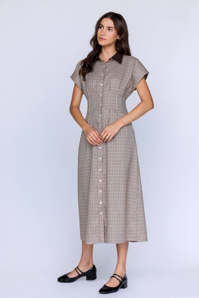 JD9208 - HOUNDSTOOTH COLLARED BUTTON DOWN MIDI DRESS: BROWN/IVORY / S - Lulu Bella Boutique
