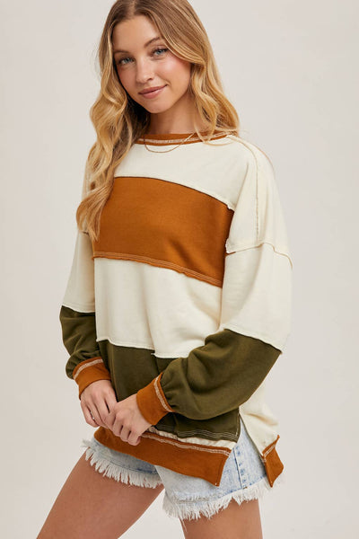 COLOR BLOCK KNIT SWEATSHIRT PULLOVER: CAMEL/OLIVE / L