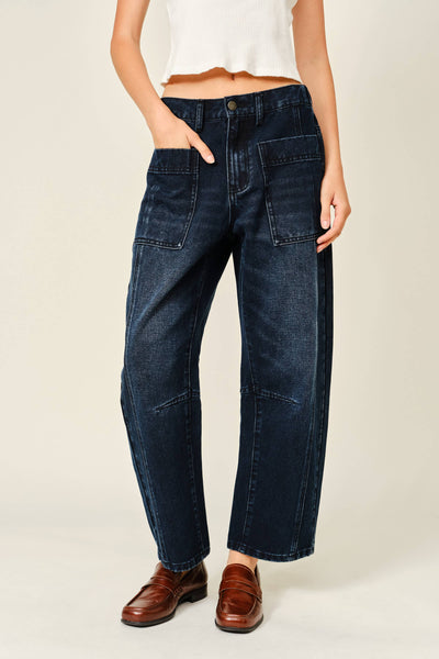 DARK WASHED BARREL JEANS: NAVY