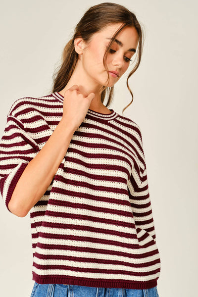 CROCHET STRIPED SHORT SLEEVE SWEATER TOP: WINE / IVORY