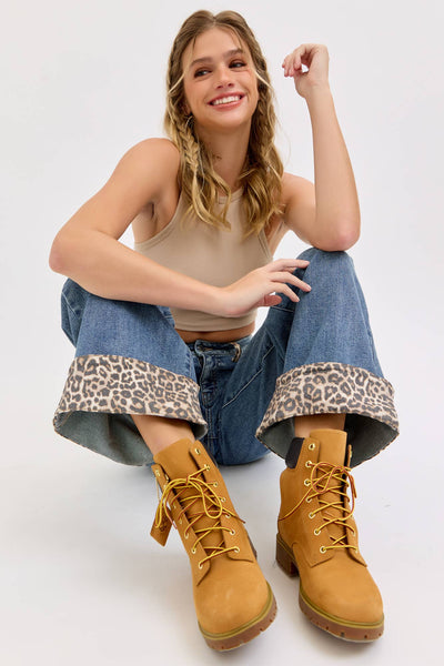 Mid Rise Wide Leg with Leopard Cuff