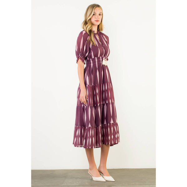Short Sleeve Pattern Maxi Dress: BURGUNDY
