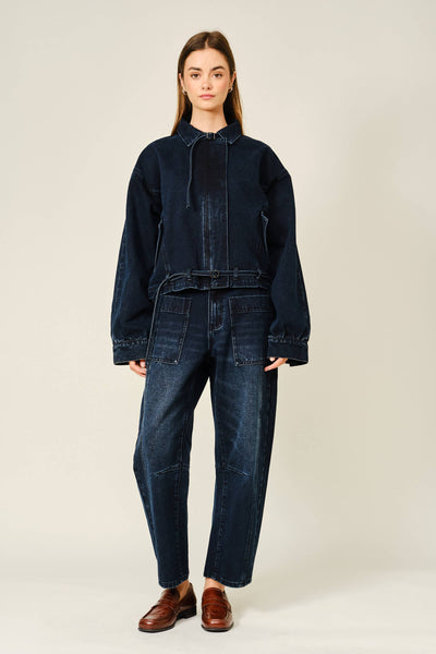 DARK WASHED BARREL JEANS: NAVY