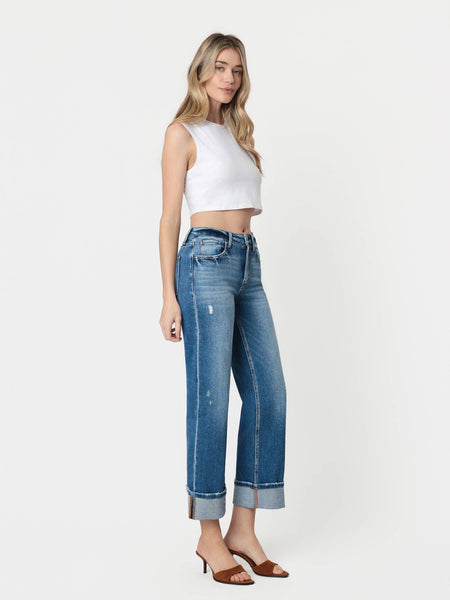 HIGH RISE MEDIUM DARK WASH CUFFED SLIM WIDE JEANS F5992: DARK STONE / 26 - Lulu Bella Boutique