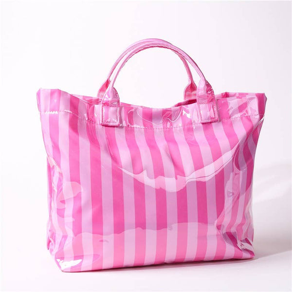Large Striped Vinyl Tote Bags | 40P595: PINK GREEN - Lulu Bella Boutique