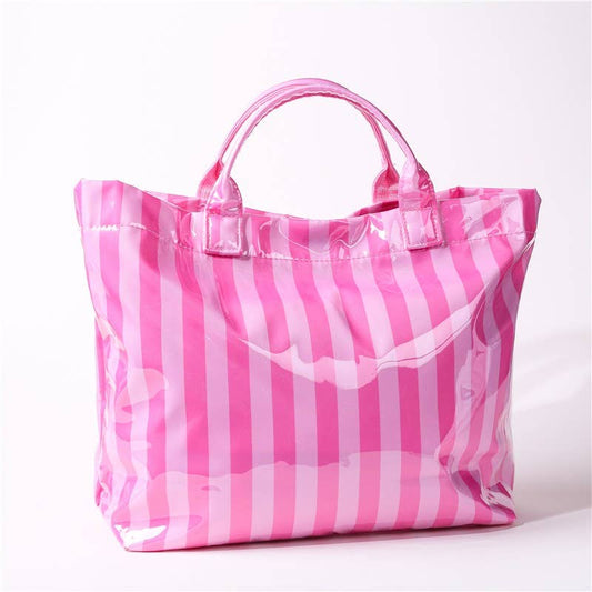 Large Striped Vinyl Tote Bags | 40P595: FUCHSIA PINK - Lulu Bella Boutique