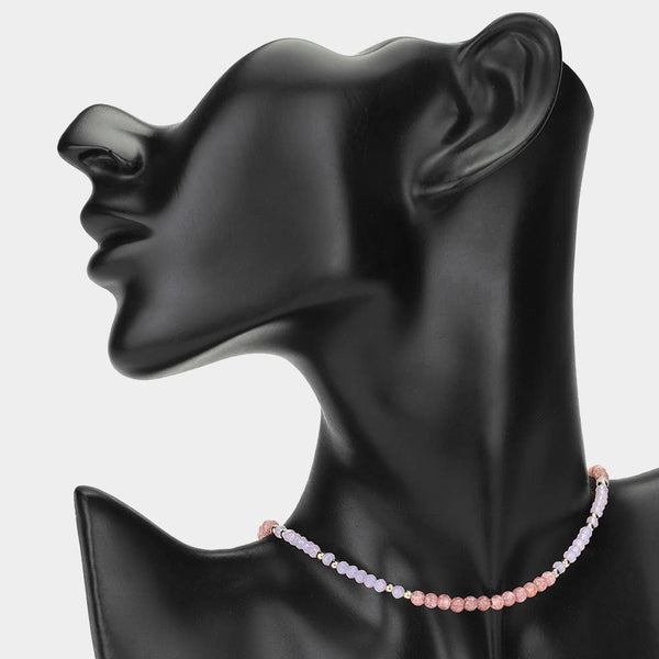 Natural Stone Metal Ball Faceted Beaded Choker Necklace: CORAL - Lulu Bella Boutique