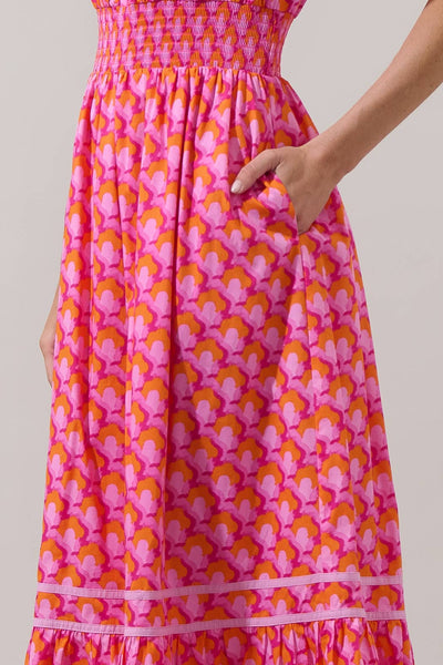 Paden Abstract Ordy Smocked Midi Dress: PINK-ORG-MUL / XS - Lulu Bella Boutique