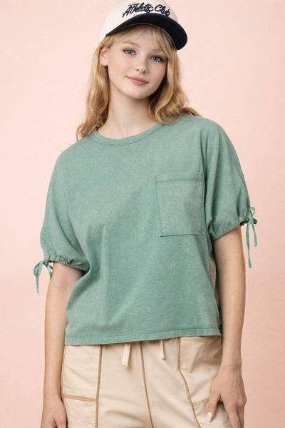 NT12567-Mineral Washed Sleeve Tie Detail Knit Top: SAGE / S-M-L/2-2-2 - Lulu Bella Boutique