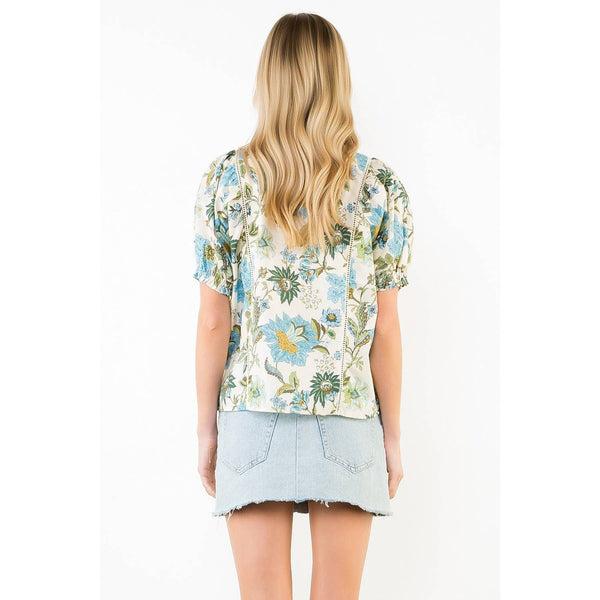 Short Sleeve Floral Lace Trim Top: CREAM / XS-S-M-L(1-2-2-1) - Lulu Bella Boutique