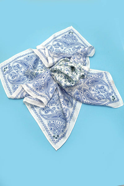 LARGE FLORAL TOILE PRINT BANDANA SCARF: Blue