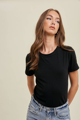 RIBBED KNIT BASIC T-SHIRT: BLACK - Lulu Bella Boutique