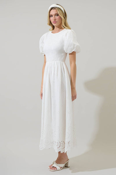 Deana Eyelet Smocked Midi Dress: White / XS - Lulu Bella Boutique