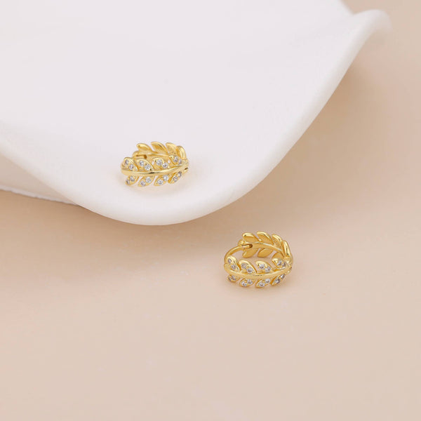 E043 gold leaf huggie earrings, leaf hoop earrings, huggies: Silver