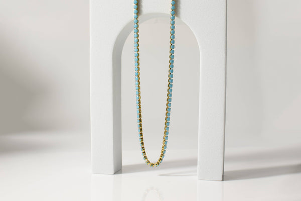 18k Gold Turquoise Rhinestone Tennis Chain Necklace: 16"+2" / 3mm - Lulu Bella Boutique