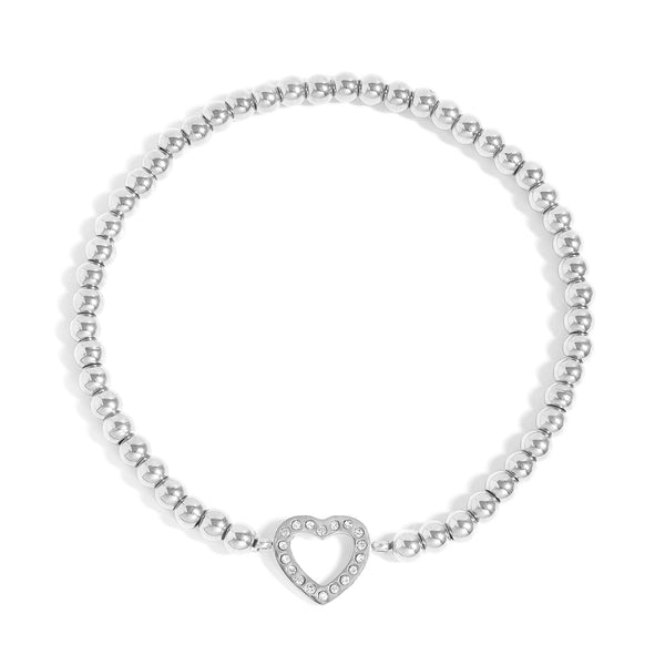 18K Gold PVD Stainless Steel Stone Heart Metal Beaded Stretch Bracelet: Gold