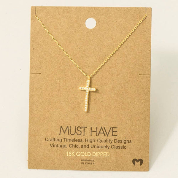 Gold Dipped Cz Pave Cross Pendant Necklace: G - Lulu Bella Boutique