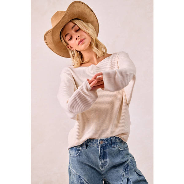 WAFFLE KNIT OFF SHOULDER TOP: IVORY / S - Lulu Bella Boutique