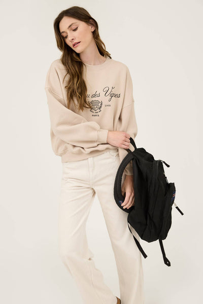 PARIS EMBROIDERED CREWNECK LONG SLEEVE KNIT TOP: KHAKI