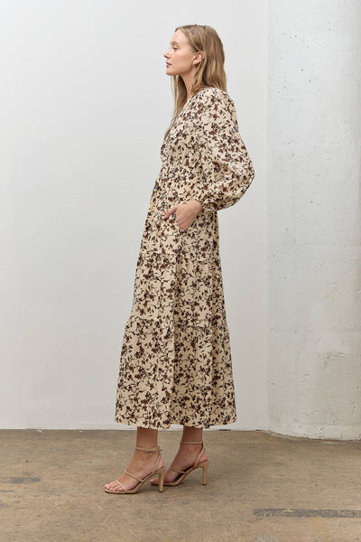 FLORAL PRINT LONG SLEEVE MIDI DRESS: CREAM MULTI