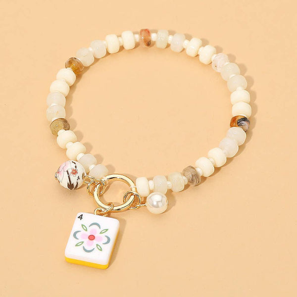 Mahjong Tile Charm Pearl Floral Bead Ball Accent Beaded Stretch Bracelet: Gold,Orange - Lulu Bella Boutique