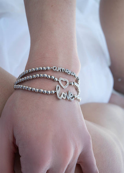 18K Gold PVD Stainless Steel Stone Heart Metal Beaded Stretch Bracelet: Gold