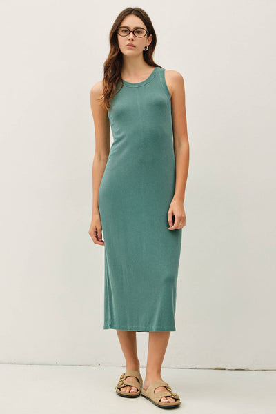 GARMENT WASHED RIBBED SLIM MIDI TANK DRESS: HUNTER / S - Lulu Bella Boutique