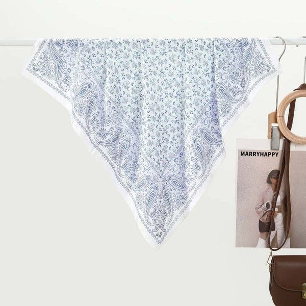 LARGE FLORAL TOILE PRINT BANDANA SCARF: Blue