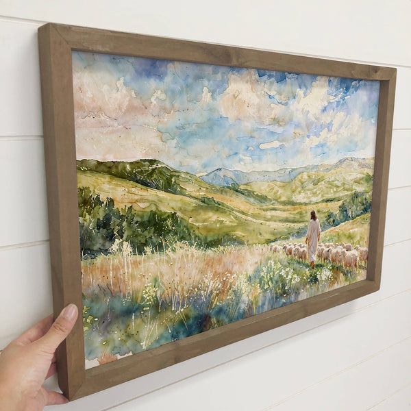 Jesus Christ and Sheep on Green Hills - Farmhouse Bedroom : 18x24" Large Canvas Art with Thick Wood Frame