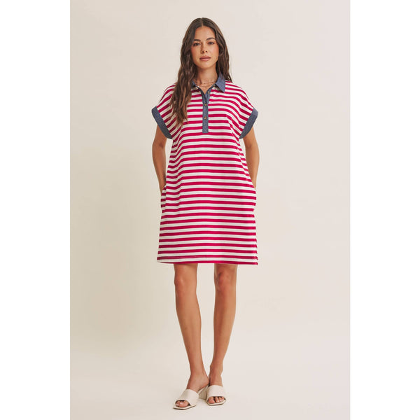 YACHT CLUB RELAXED FIT CASUAL STRIPE POLO MINI DRESS: BURGUNDY/CREAM