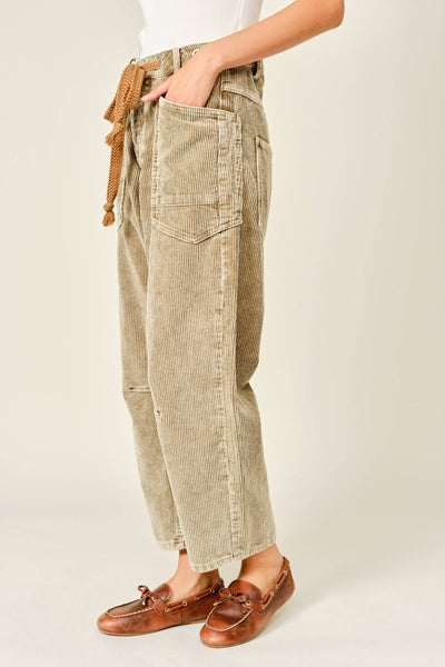BARREL CORDUROY PANTS WITH EYELET WAIST: CAMEL