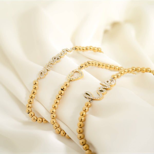 18K Gold PVD Stainless Steel Stone Heart Metal Beaded Stretch Bracelet: Gold