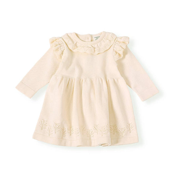 Milan Ruffle Collar Pointelle Knit Baby Dress - Organic: Cream