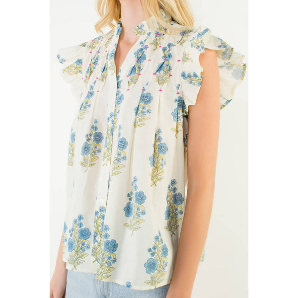 Flutter Sleeve Floral Pattern Top: CREAM / XS-S-M-L(1-2-2-1) - Lulu Bella Boutique