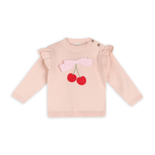 Cherry Bow Baby Pullover & Stripe Pants (Organic Cotton): Pink / Natural