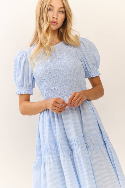 Smocked Bodice Midi Dress : LT Blue / S - Lulu Bella Boutique